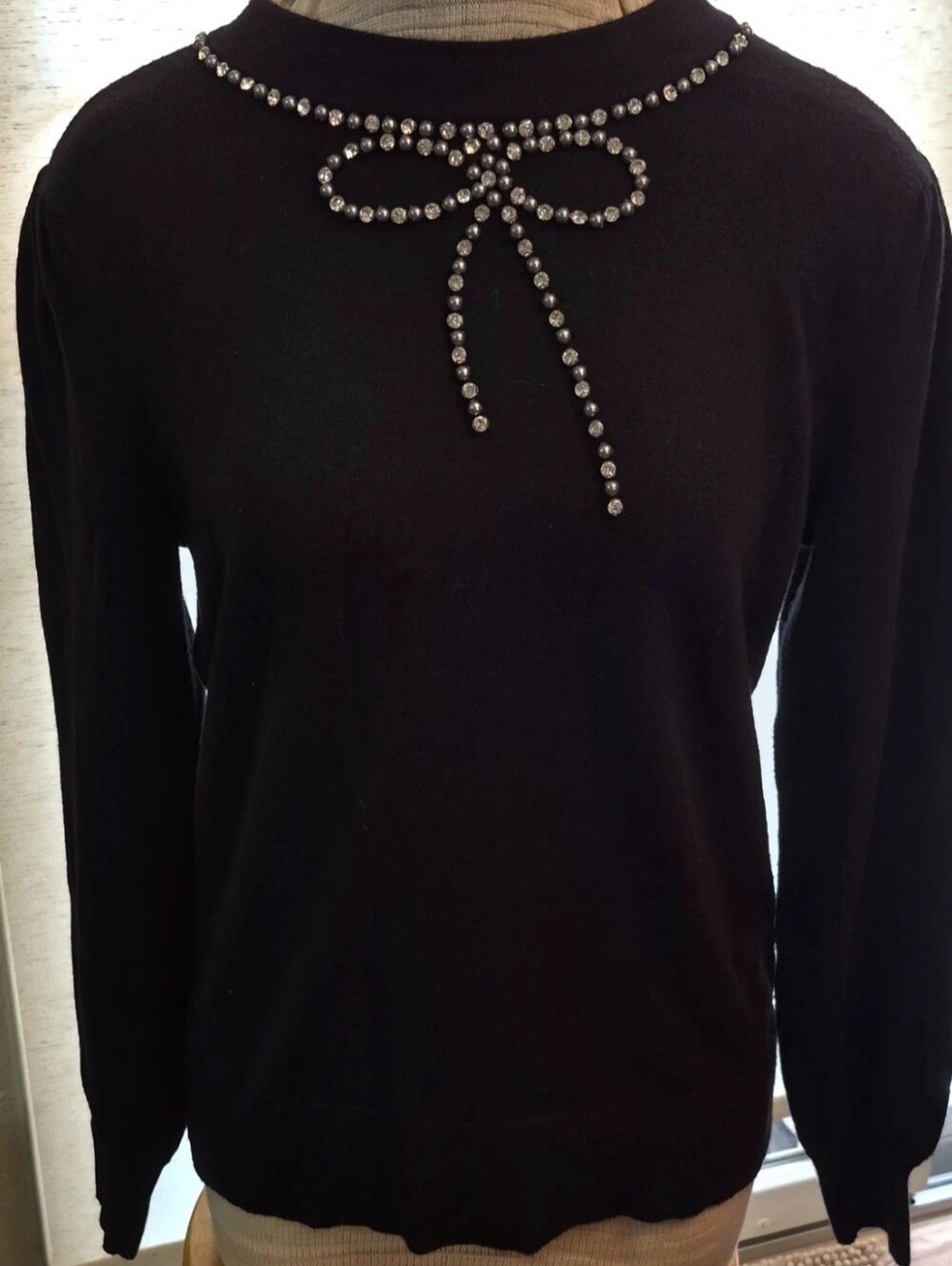 Liz Claiborne Black Long Sleeve Sweater - with Jewel Bow Neckline. NWOT